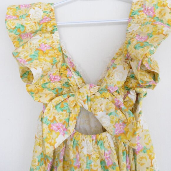 For Love & Lemons Yellow Tamra Dress with Florals & Ruffle Mini Dress M - Picture 10 of 13